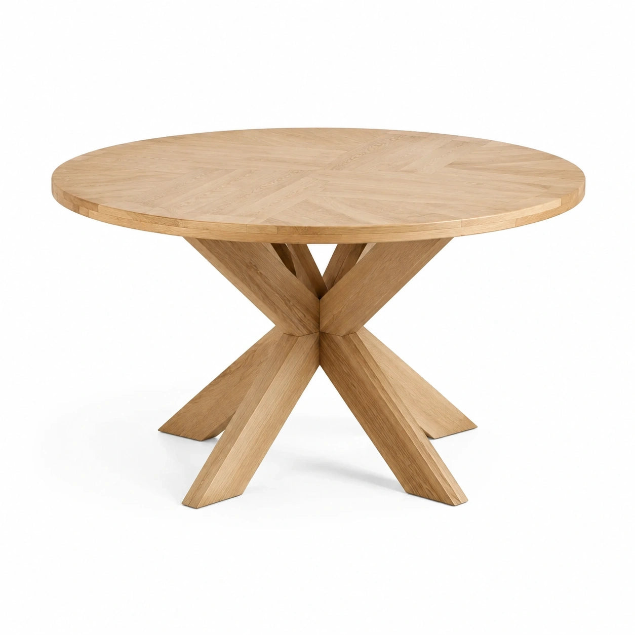 Runder Esstisch aus Holz in Natur, Ø 120 × H 76 cm, Fischgrätenoptik und Sternfuß