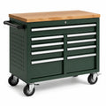 Mobiler Werkzeugwagen mit Holzarbeitsplatte, 9 Schubladen, abschließbar, 110 × 50 × 100 cm, Dunkelgrün/Natur/Silber/Schwarz