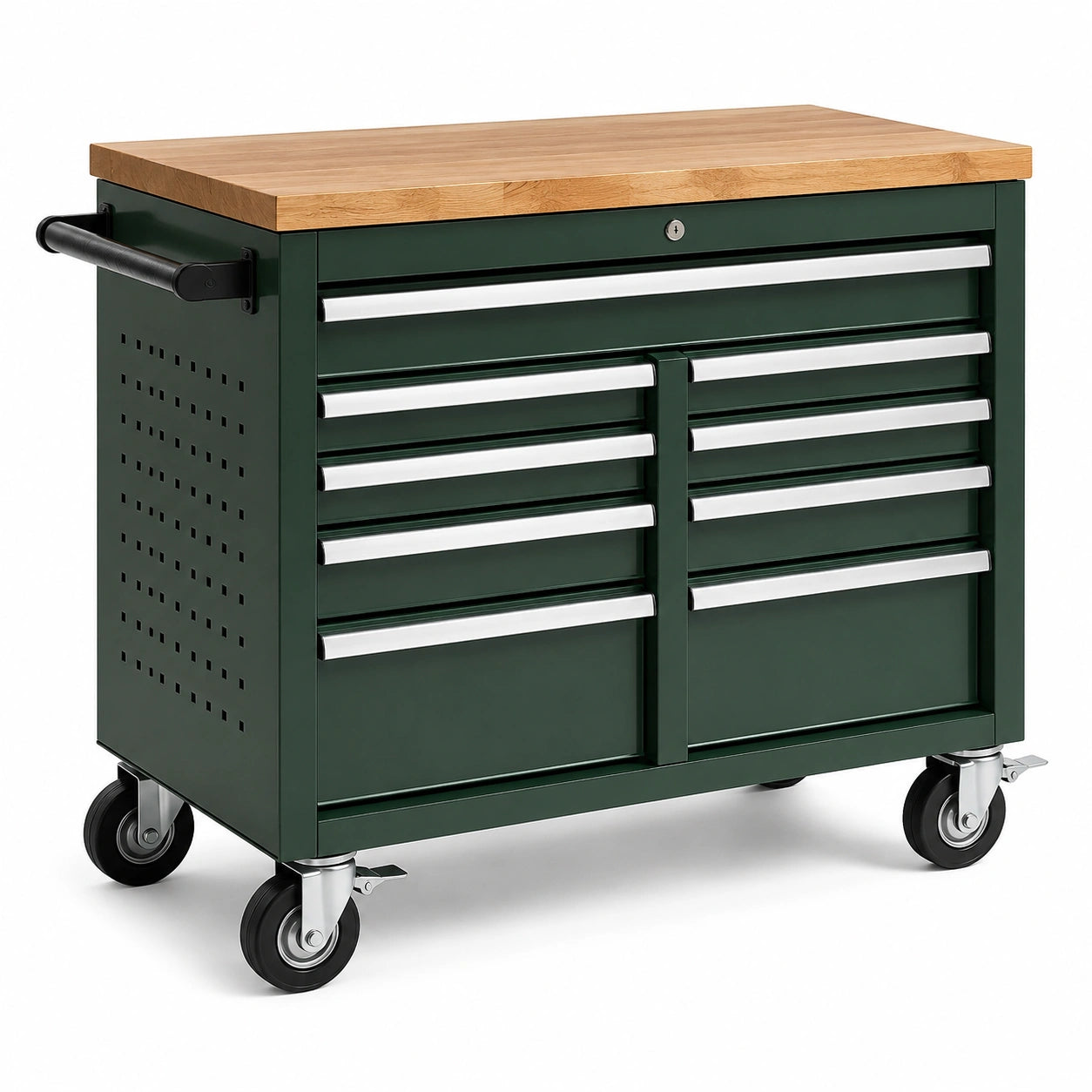 Mobiler Werkzeugwagen mit Holzarbeitsplatte, 9 Schubladen, abschließbar, 110 × 50 × 100 cm, Dunkelgrün/Natur/Silber/Schwarz