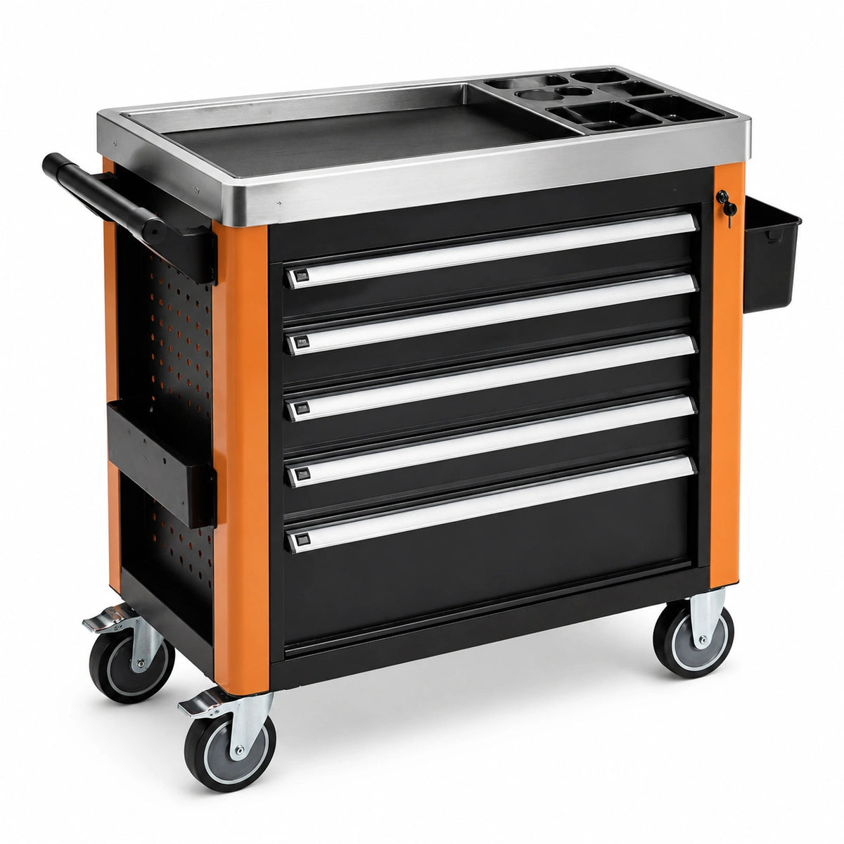 Mobiler Stahl-Werkzeugwagen mit 5 Schubladen und 4 Lenkrollen, 85 × 48 × 90 cm, Schwarz/Orange/Silber