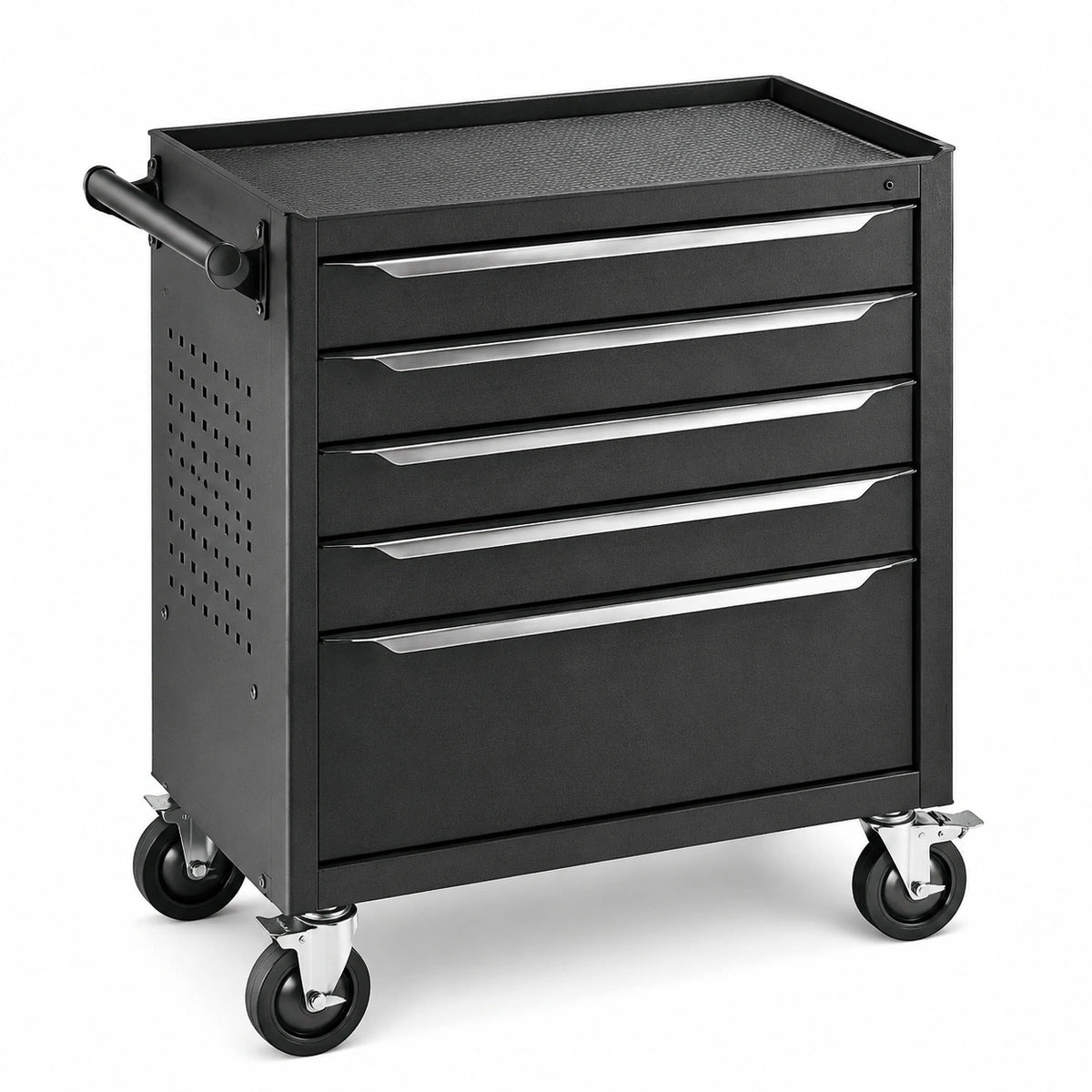 Werkzeugwagen aus Stahl mit 5 Schubladen und Rollen, 77 × 46 × 87 cm, Schwarz/Silber