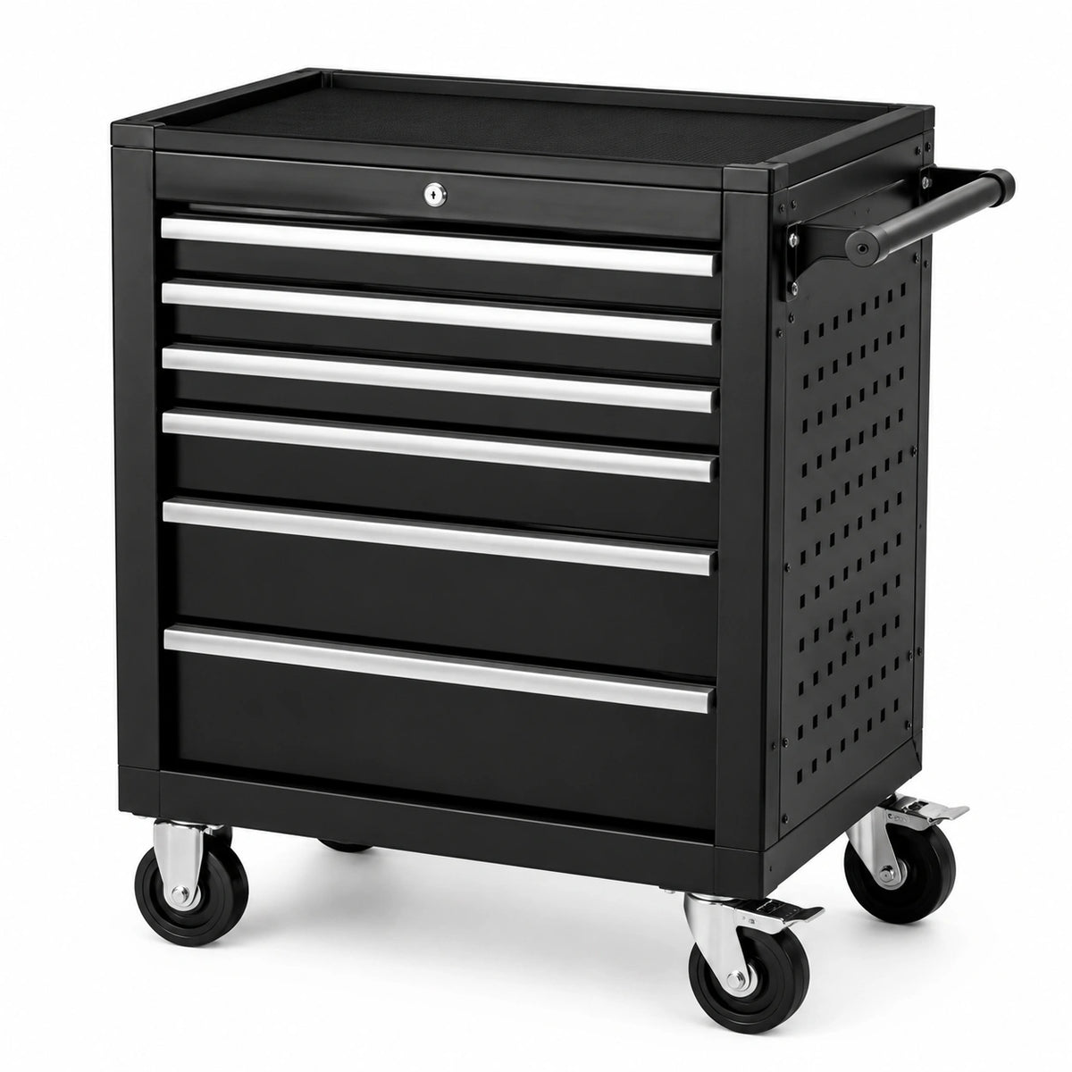 Werkzeugwagen aus Stahl mit 6 Schubladen, 4 Rollen und Schiebegriff, 70 × 33 × 78 cm, Schwarz/Silber