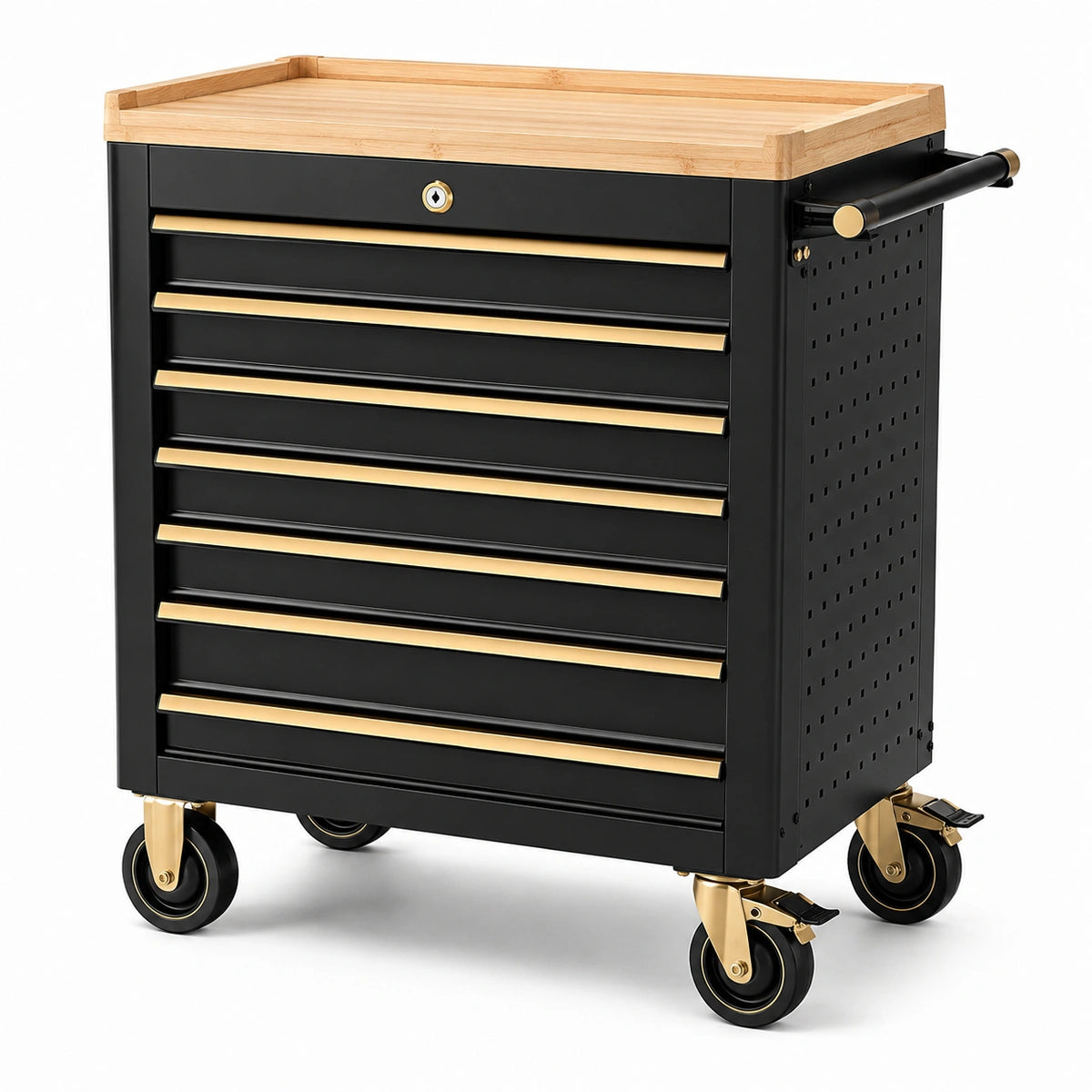 Werkzeugwagen mit 7 Schubladen und Bambusauflage, Schwarz/Goldfarben/Naturfarben, 77 × 46 × 95 cm