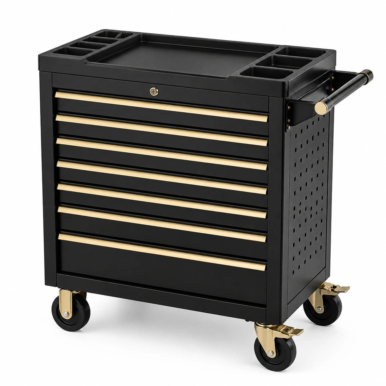 Werkstattwagen aus Stahl mit 7 abschließbaren Schubladen, 77 × 46 × 88 cm, Schwarz/Gold