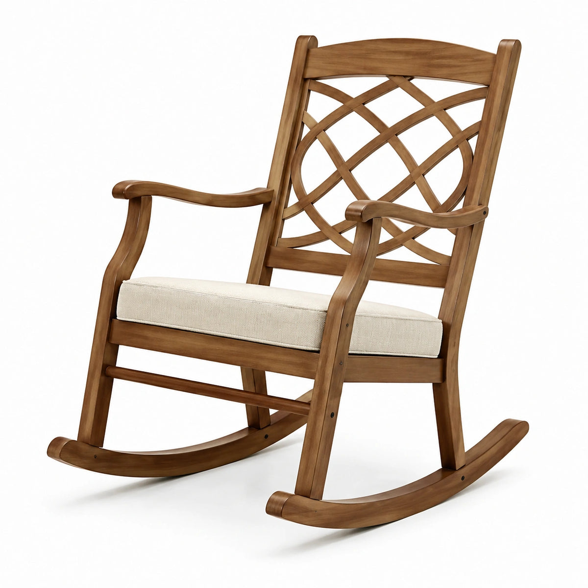 Gepolsterter Holz-Schaukelstuhl in Braun und Beige, 70 × 94 × 112 cm, Landhausstil