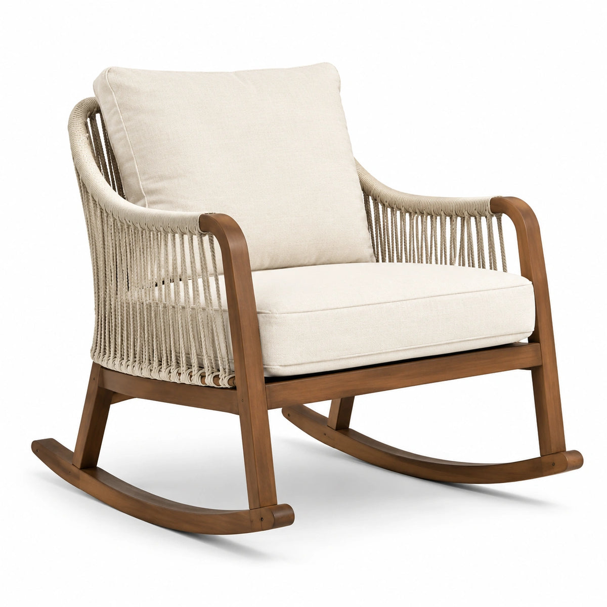 Schaukelstuhl aus Holz mit Seilgeflecht und Polsterung, Beige/Braun, 90 × 76 × 95 cm
