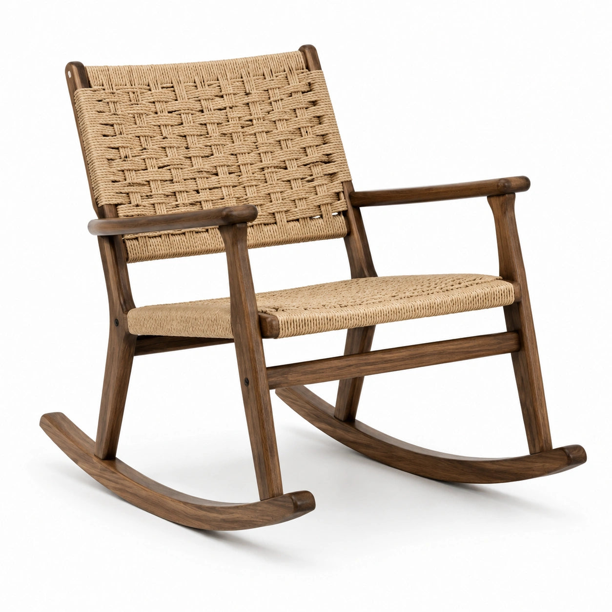 Schaukelstuhl aus Holz und Kordelgeflecht mit Armlehnen, Braun/Beige, 70 × 85 × 95 cm