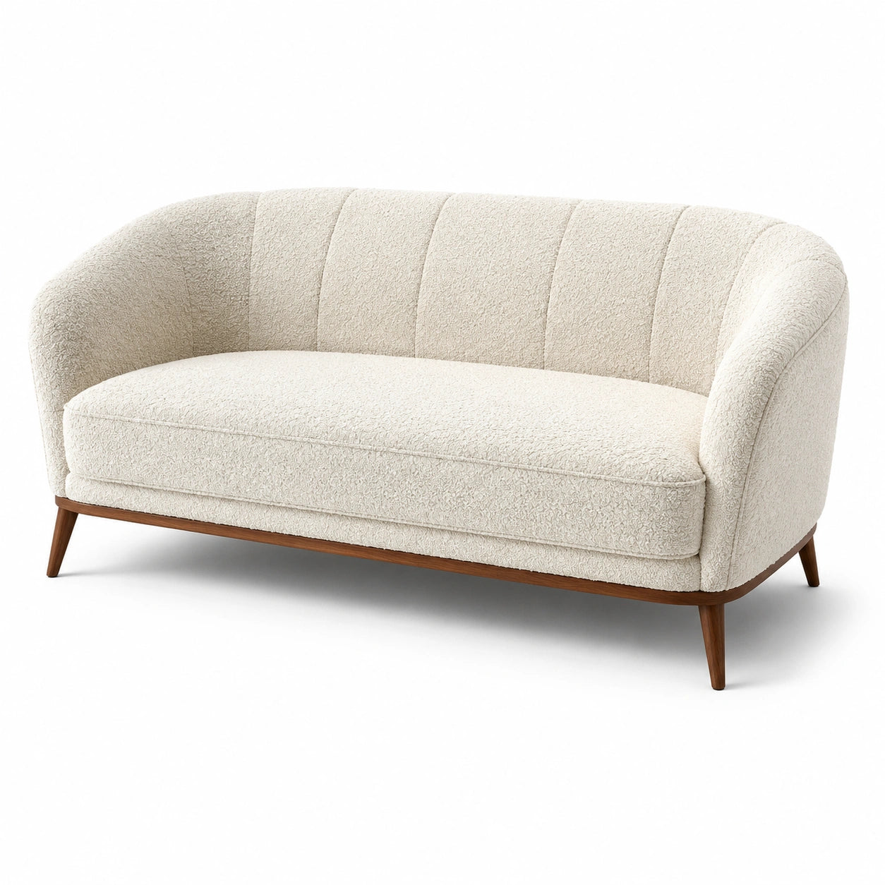 Modernes 2-Sitzer-Sofa mit Bouclé-Bezug in Creme und braunen Holzfüßen, 180 × 85 × 78 cm