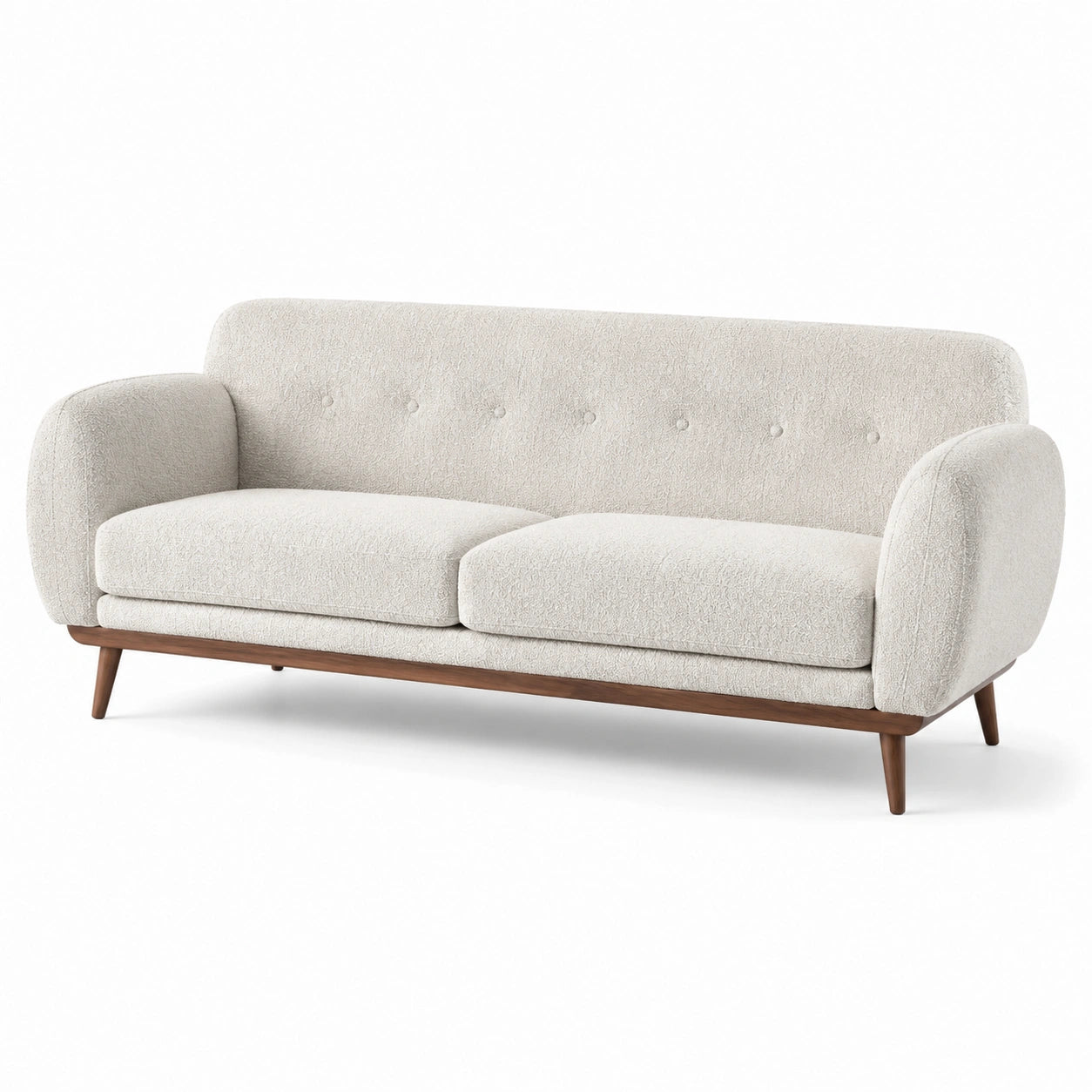 3-Sitzer-Sofa mit Bouclé-Bezug in Creme und braunem Holzgestell, 210 × 88 × 82 cm