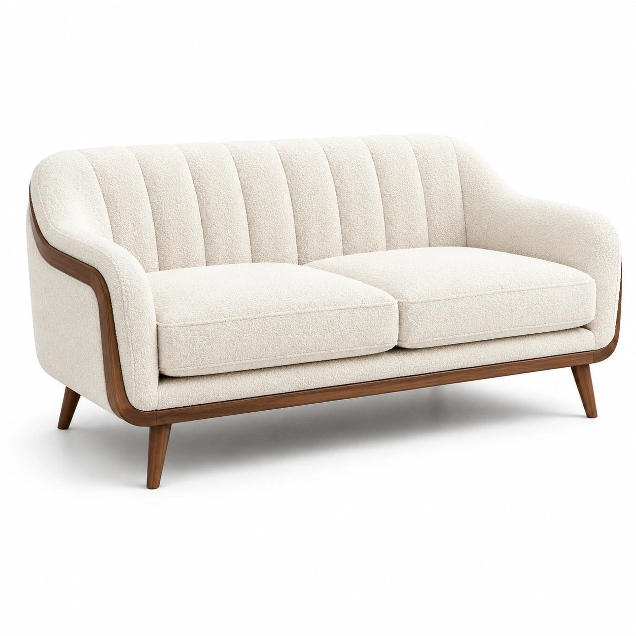 2-Sitzer-Sofa mit Bouclébezug in Creme und braunem Holzrahmen, 175 × 84 × 82 cm