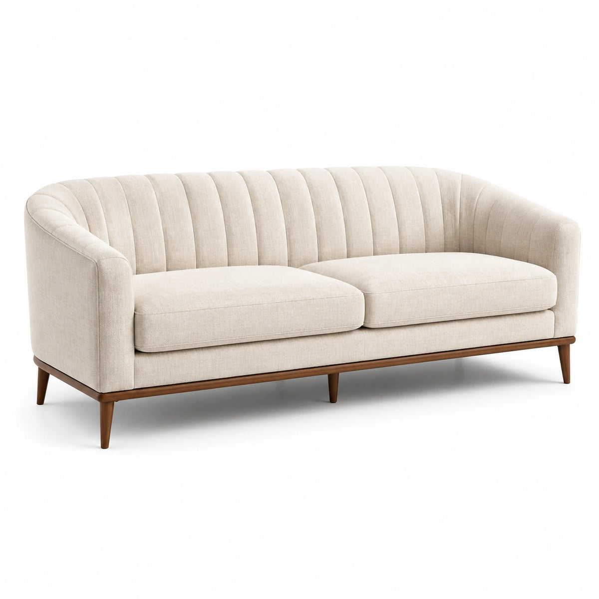 3-Sitzer-Sofa mit cremefarbenem Stoffbezug und braunem Holzgestell, 220 × 88 × 82 cm