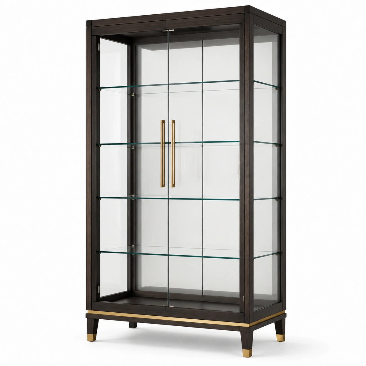 Vitrine mit 2 Glastüren und 4 Glasböden, Dunkelbraun/Transparent/Gold, 100 × 40 × 190 cm