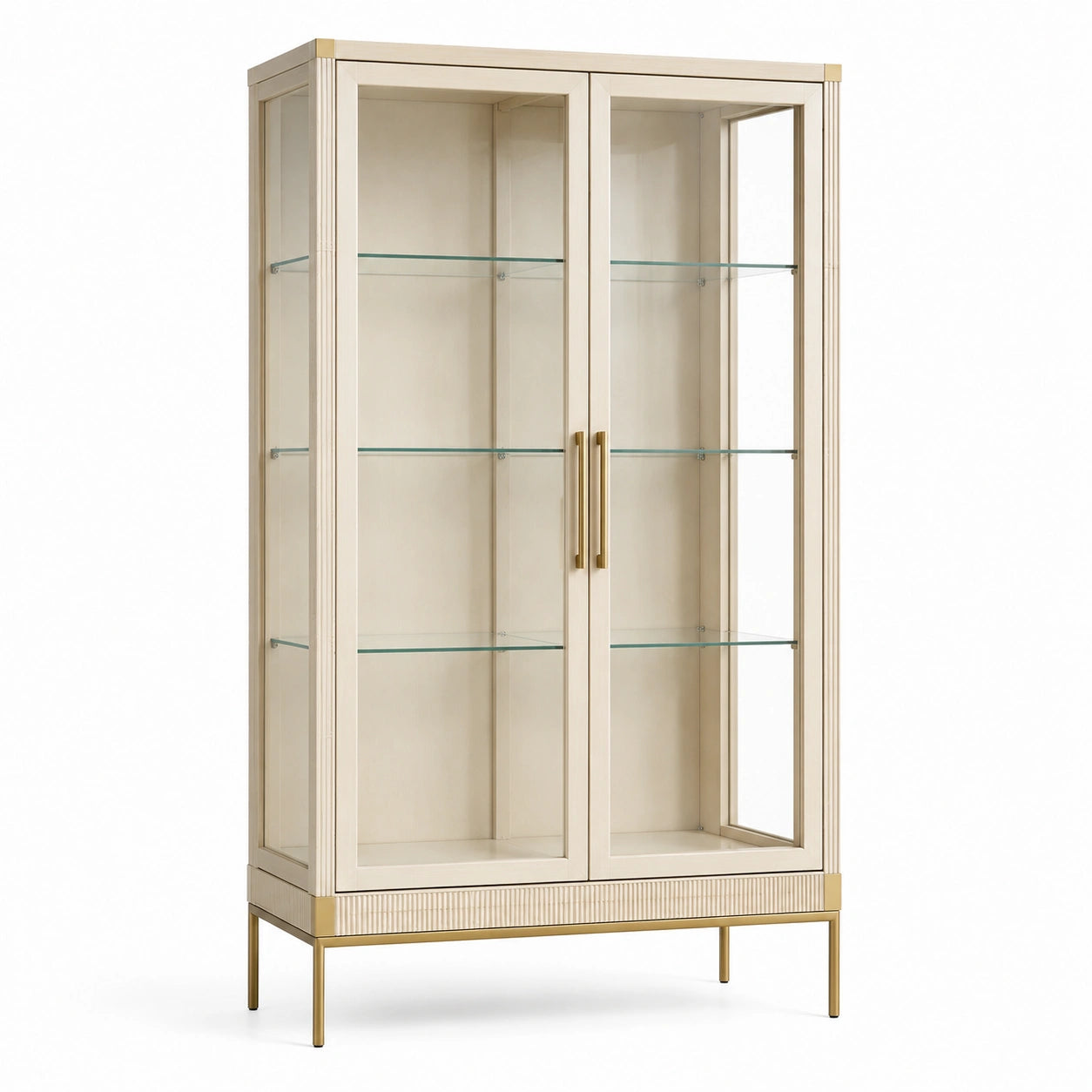 Moderner Vitrinenschrank mit 2 Glastüren und 3 Glasböden, Creme/Gold, 100 × 40 × 180 cm