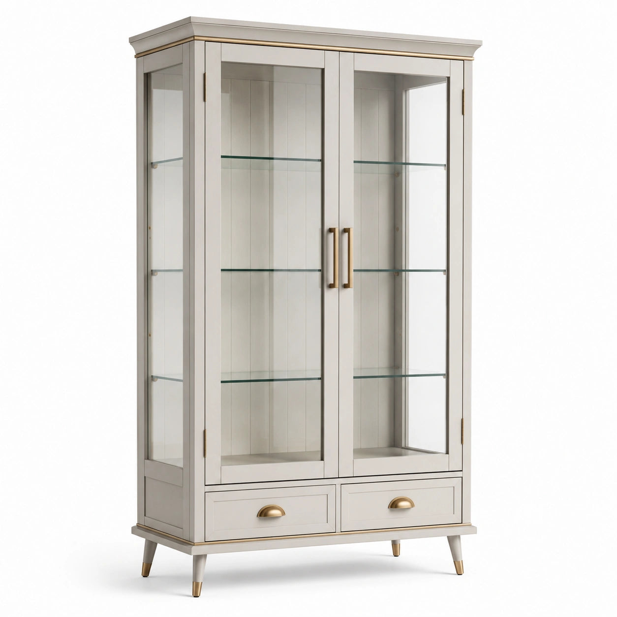 Vitrine aus Holzwerkstoff und Glas, Beige/Gold, 100 × 40 × 180 cm, mit 2 Glastüren, 3 Glasböden und 2 Schubladen