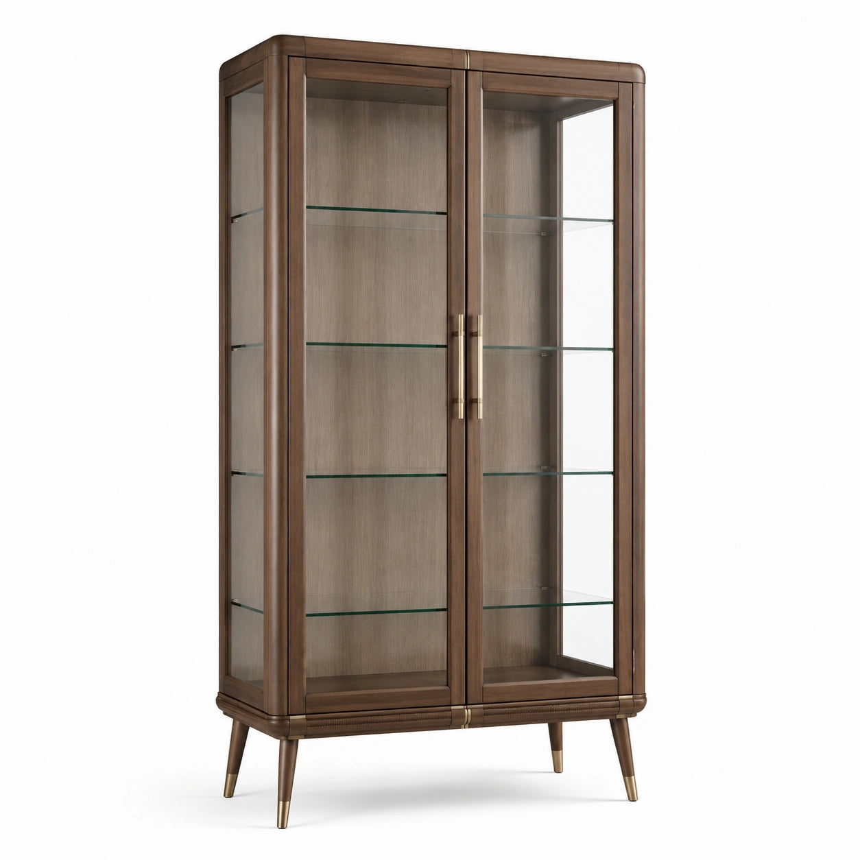 Vitrinenschrank aus Holz und Glas, Braun/Goldfarben/Transparent, 100 × 40 × 190 cm, 2 Türen und 4 Glasböden