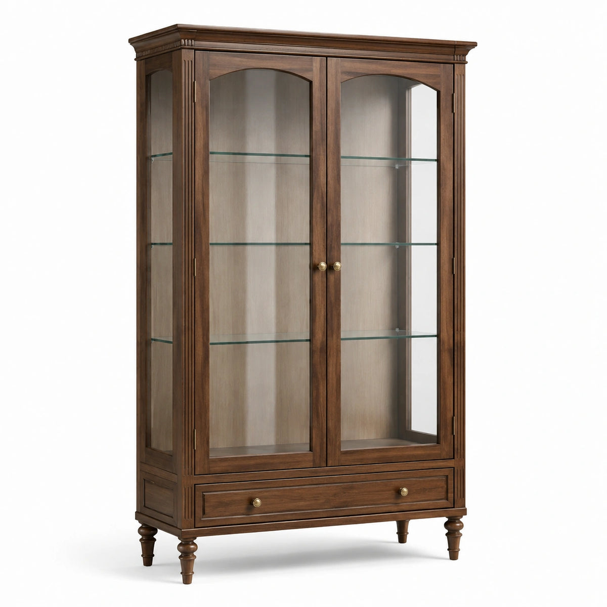 Klassische Vitrine mit 2 Glastüren, 3 Glasböden und Schublade, Dunkelbraun/Klar/Goldfarben, 110 × 45 × 190 cm