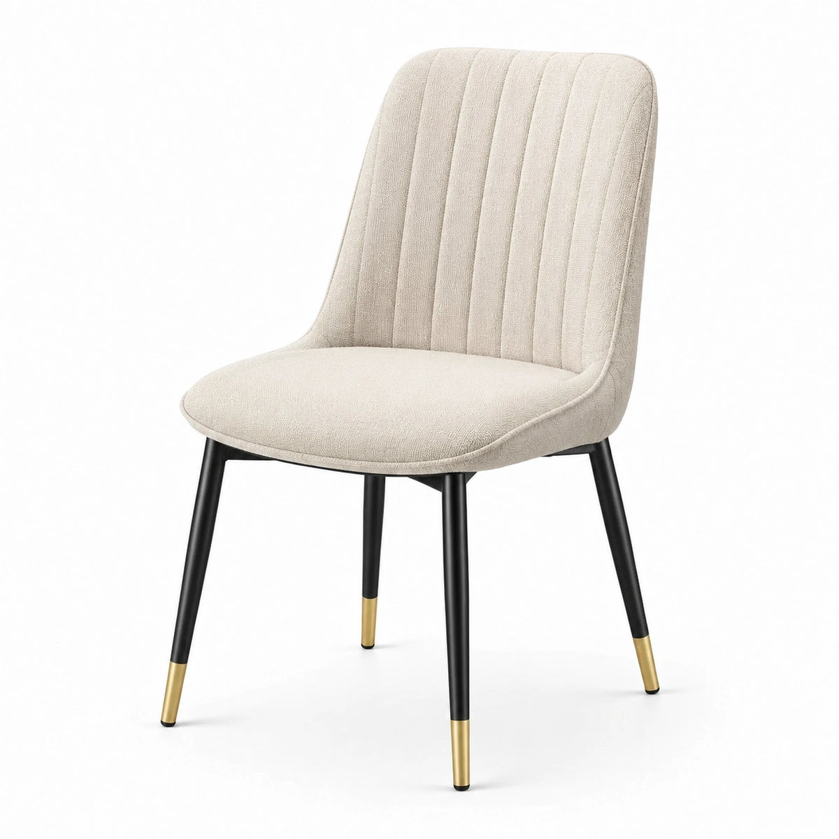 Moderner gepolsterter Esszimmerstuhl in Beige mit schwarzen Metallbeinen und goldfarbenen Akzenten, 52 × 58 × 84 cm