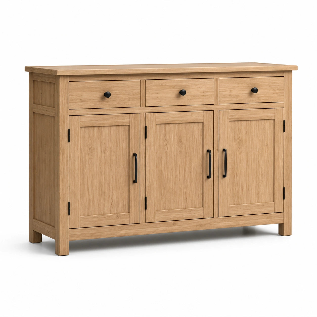 Sideboard aus Holz, 140 × 40 × 85 cm, Natureiche/Schwarz, mit 3 Türen und 3 Schubladen, Landhausstil