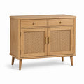 Holzschrank mit Rattangeflecht, 2 Türen und 2 Schubladen, Natur/Gold, 100 × 40 × 85 cm