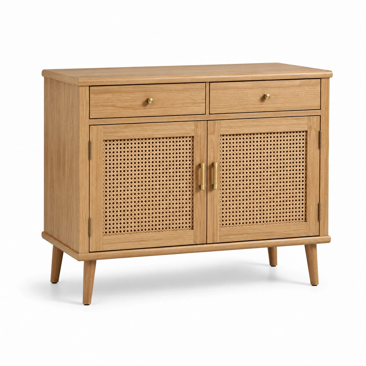 Holzschrank mit Rattangeflecht, 2 Türen und 2 Schubladen, Natur/Gold, 100 × 40 × 85 cm
