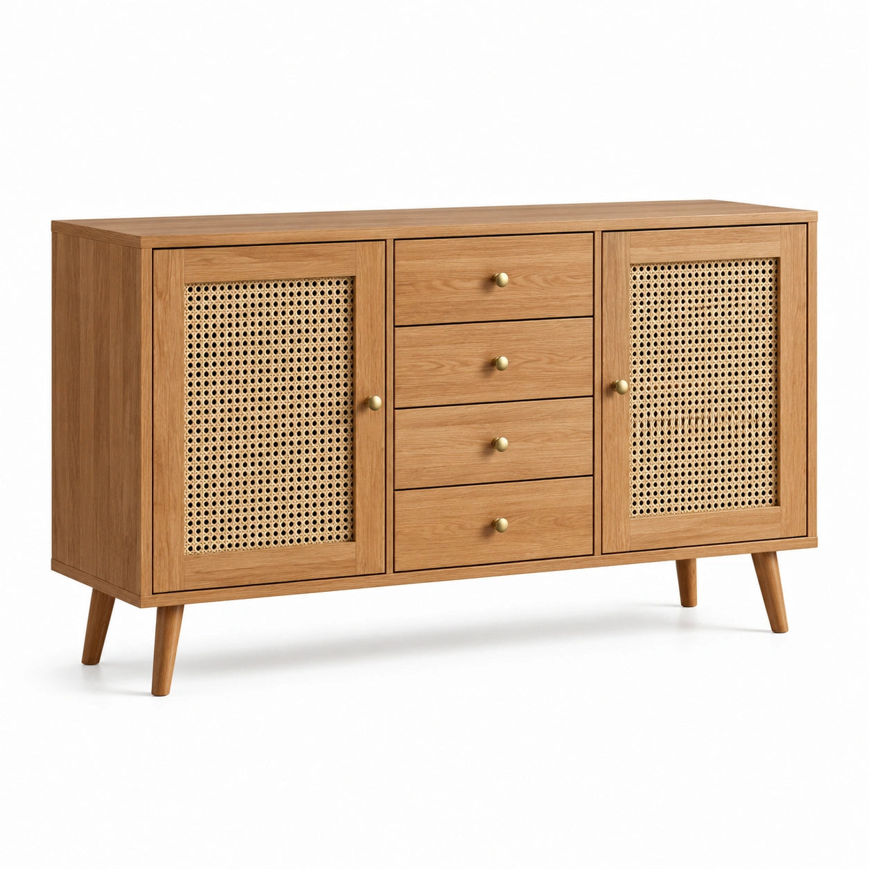 Sideboard mit Rattangeflecht, Natur/Beige/Gold, 140 × 40 × 80 cm, 2 Türen und 4 Schubladen