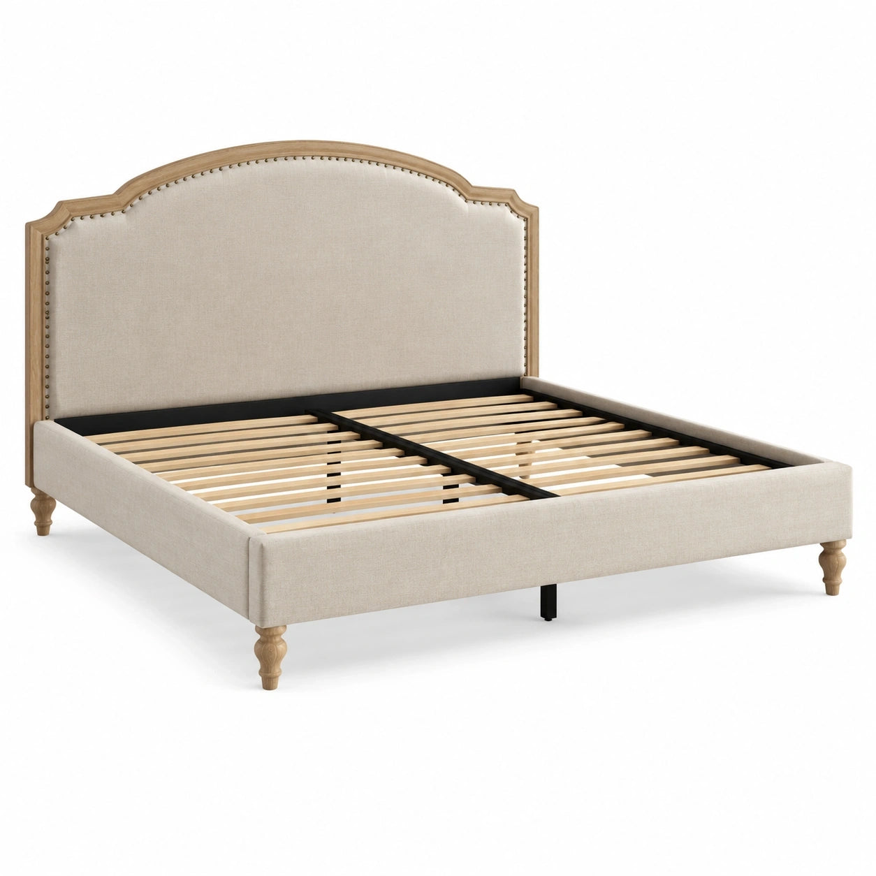 Polsterbett 180 × 200 cm in Beige/Hellbraun/Schwarz, mit hohem Kopfteil und Lattenrost, Gesamtmaß 215 × 193 × 145 cm