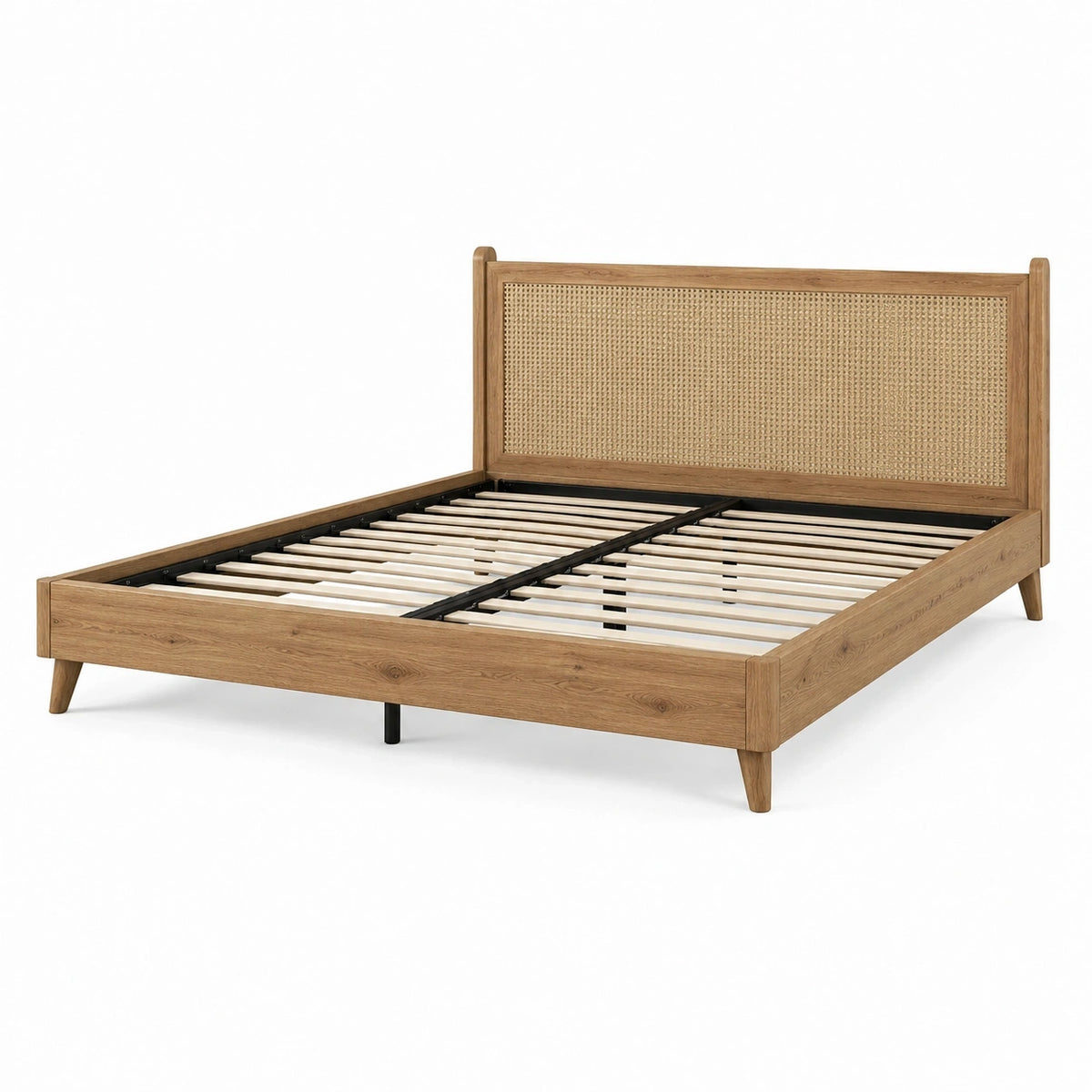 Doppelbett aus Holz und Rattan, Natur, 218 × 168 × 110 cm, Liegefläche 160 × 200 cm, mit Lattenrost