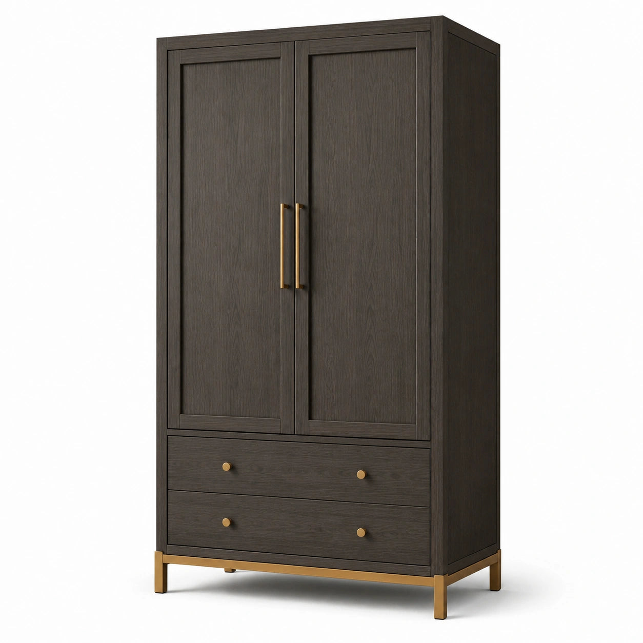Moderner Kleiderschrank mit 2 Türen und 2 Schubladen, Dunkelbraun/Goldfarben, 100 × 55 × 190 cm