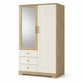 Kleiderschrank mit Spiegel, 2 Türen und 3 Schubladen, 120 × 52 × 190 cm, Natur/Cremeweiß/Gold