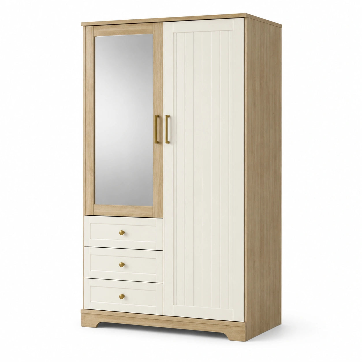Kleiderschrank mit Spiegel, 2 Türen und 3 Schubladen, 120 × 52 × 190 cm, Natur/Cremeweiß/Gold