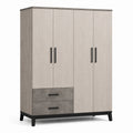 Moderner Kleiderschrank mit 4 Türen und 2 Schubladen, 160 × 52 × 200 cm, Helle Eiche/Grau/Schwarz