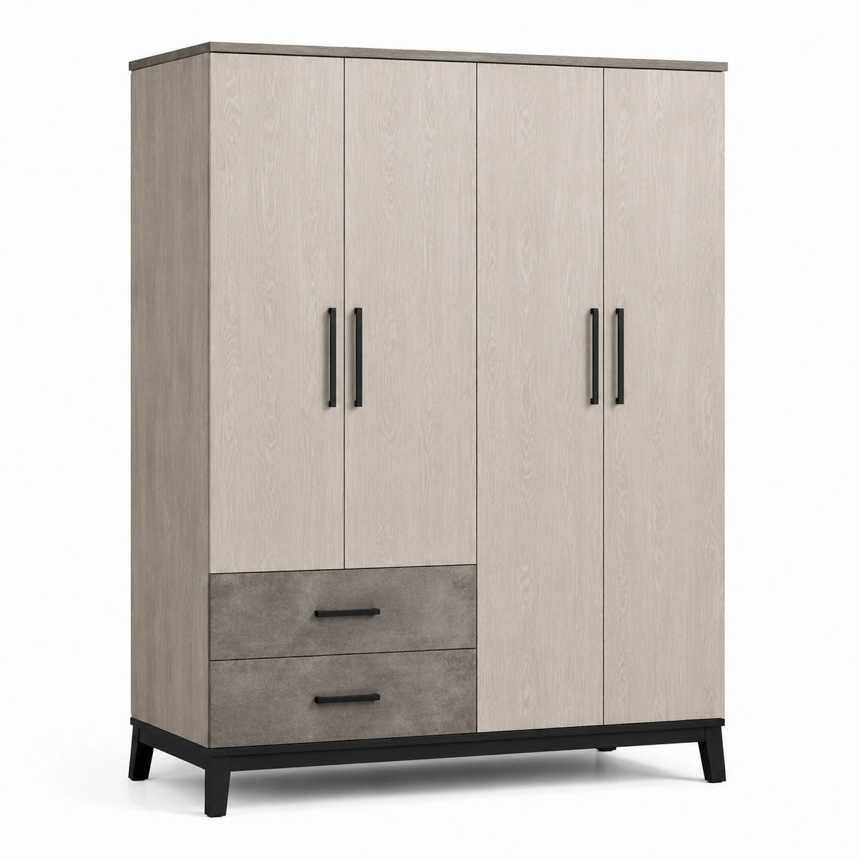 Moderner Kleiderschrank mit 4 Türen und 2 Schubladen, 160 × 52 × 200 cm, Helle Eiche/Grau/Schwarz