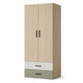 Kleiderschrank mit 2 Türen und 2 Schubladen, 80 × 50 × 180 cm, Naturholz/Weiß/Graugrün/Schwarz