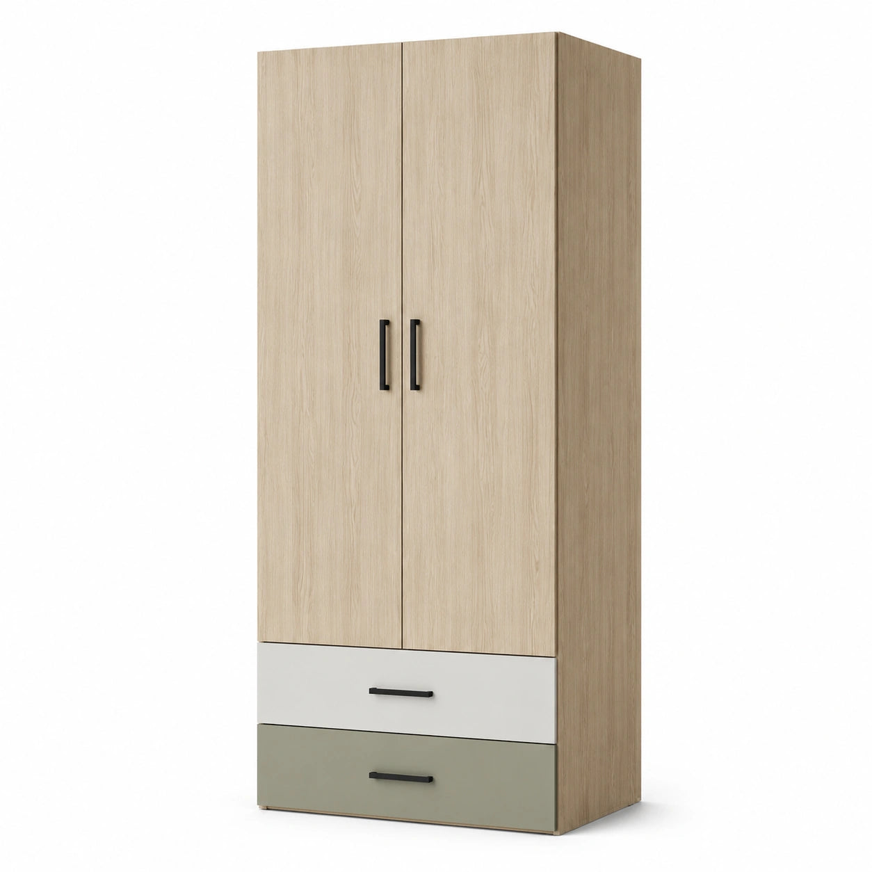 Kleiderschrank mit 2 Türen und 2 Schubladen, 80 × 50 × 180 cm, Naturholz/Weiß/Graugrün/Schwarz