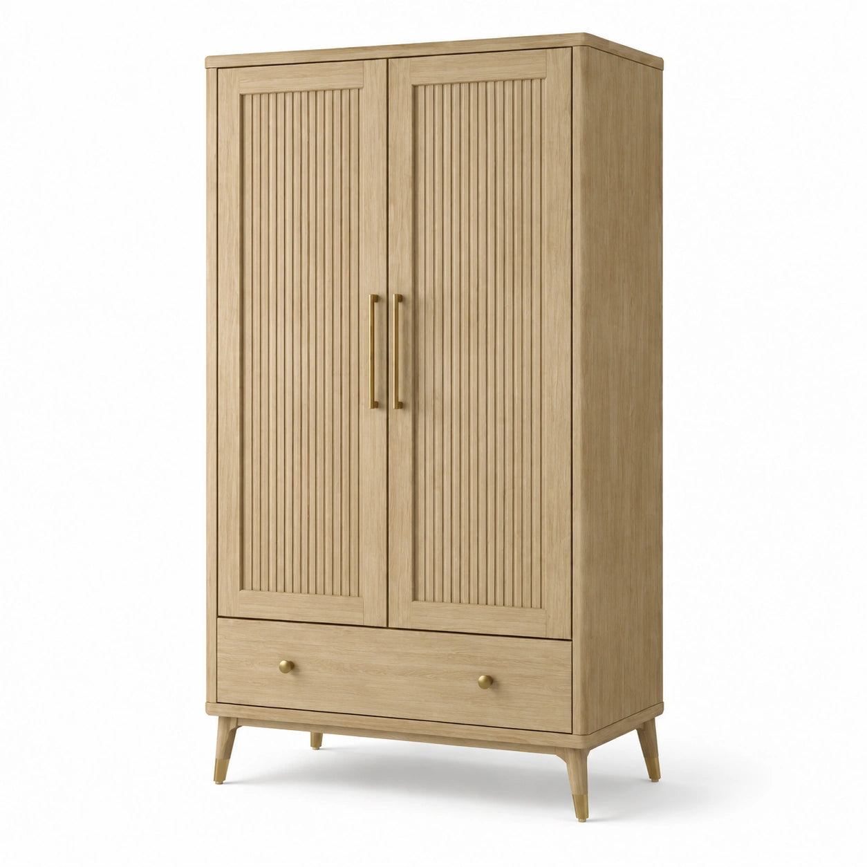 Kleiderschrank aus Holzwerkstoff, 100 × 55 × 190 cm, Naturholzfarben/Messingfarben, 2 Türen und 1 Schublade, Lamellenoptik