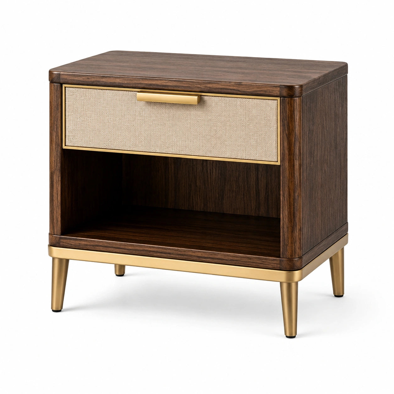 Nachttisch aus Holzwerkstoff mit Schublade und offenem Ablagefach, 60 × 40 × 65 cm, Dunkelbraun/Beige/Gold