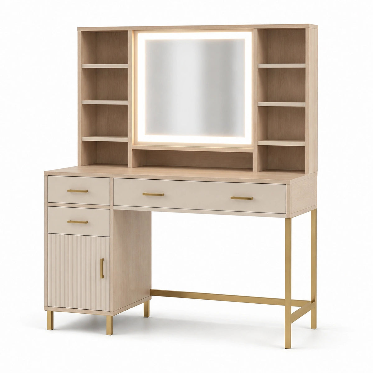 Moderner Schminktisch mit beleuchtetem Spiegel und Stauraum, 120 × 45 × 150 cm, Beige/Gold