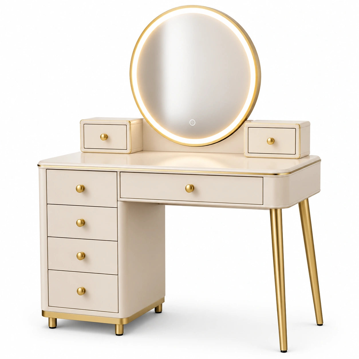 Schminktisch mit rundem LED-Spiegel und 7 Schubladen, 110 × 45 × 140 cm, Beige/Gold