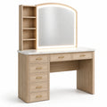 Moderner Schminktisch mit beleuchtetem Spiegel, 7 Schubladen und Regalaufsatz, 120 × 45 × 155 cm, Natur/Weiß/Gold