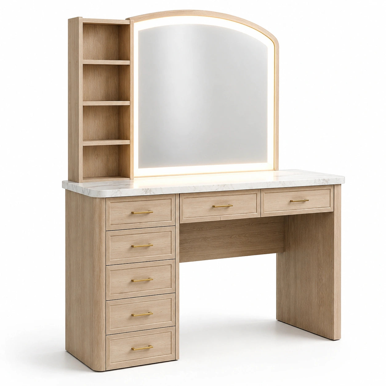 Moderner Schminktisch mit beleuchtetem Spiegel, 7 Schubladen und Regalaufsatz, 120 × 45 × 155 cm, Natur/Weiß/Gold