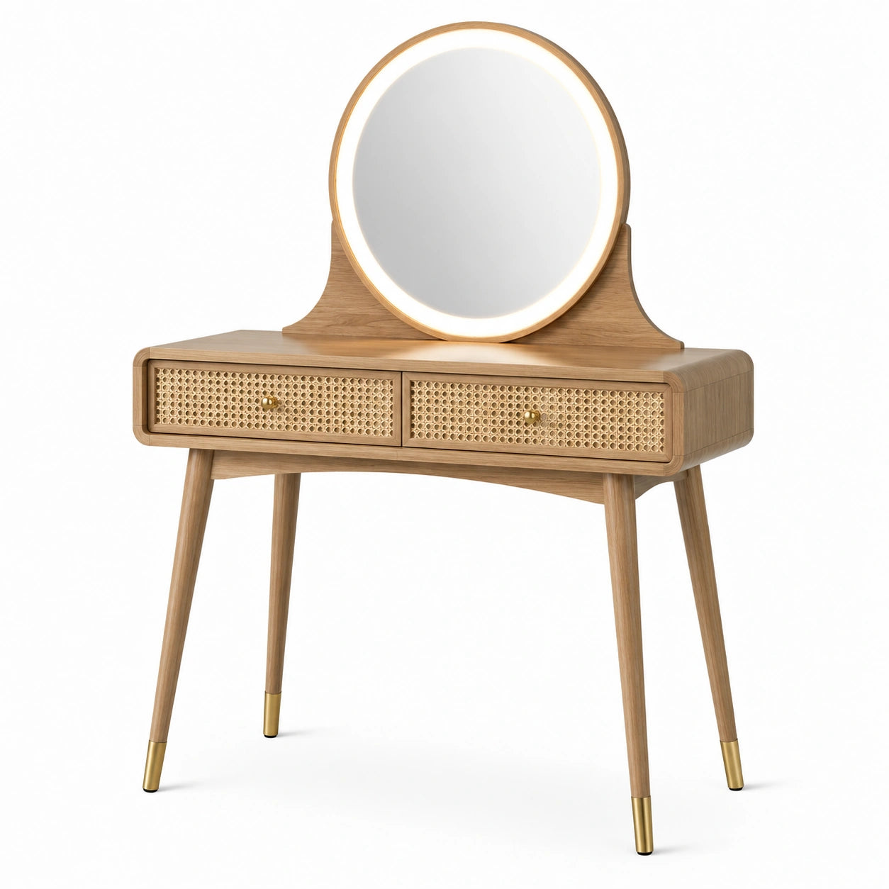 Schminktisch Natur/Gold, 100 × 40 × 140 cm, mit beleuchtetem Rundspiegel und 2 Rattan-Schubladen
