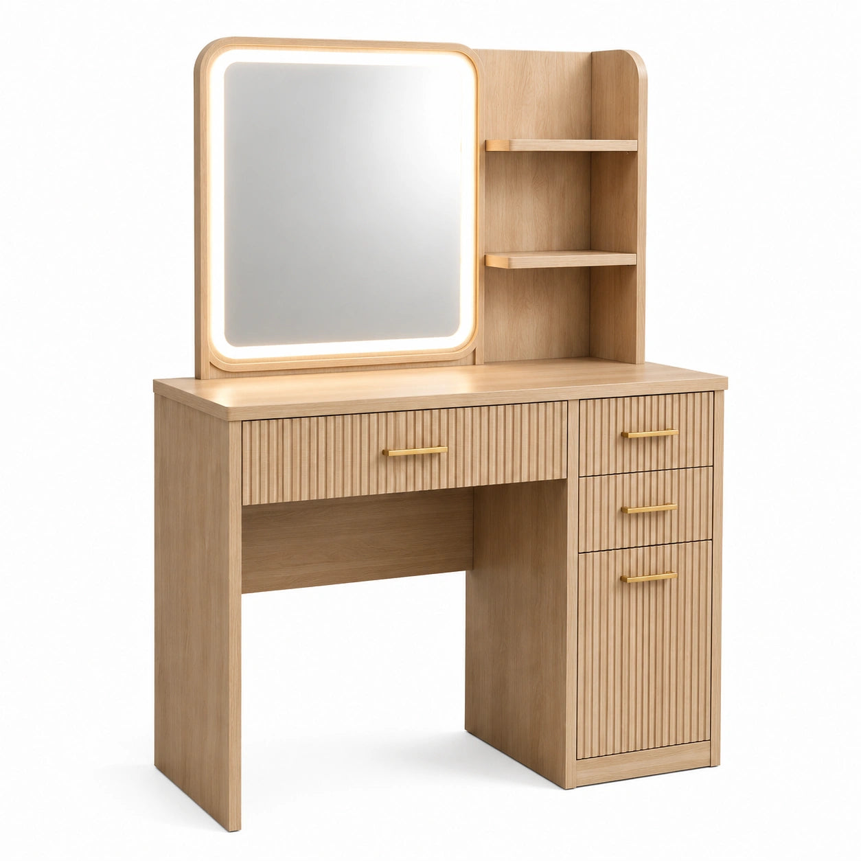 Schminktisch mit LED-Spiegel, 4 Schubladen und 2 offenen Ablagen, 100 × 40 × 140 cm, Naturholz/Gold