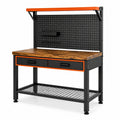 Werkbank aus Stahl und Holzwerkstoff, 120 × 60 × 150 cm, Schwarz/Braun/Orange, mit Lochwand, 2 Schubladen und Ablagen
