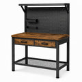 Werkbank mit Lochwand, 2 Schubladen und Gitterablage, 120 × 60 × 155 cm, Stahl und Holzwerkstoff, Schwarz/Braun