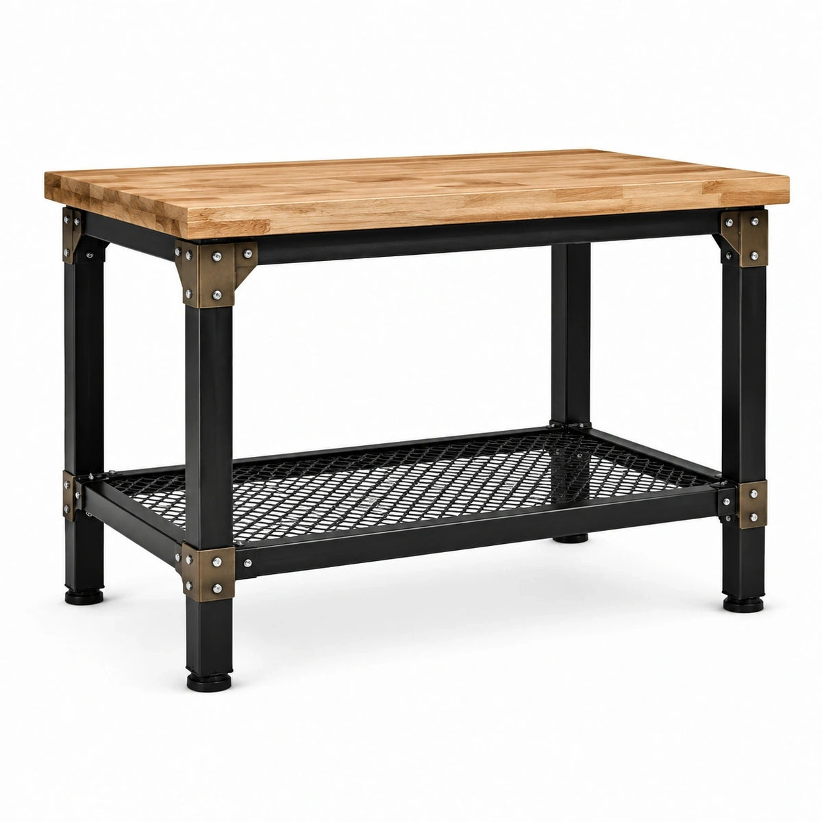 Werkbank mit Holzarbeitsplatte und Stahlgestell, 120 × 60 × 90 cm, Natur/Schwarz/Messingfarben, mit Gitterablage