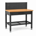 Werkbank mit Lochwand, Schublade und Gitterablage, Stahl und Holzwerkstoff, 120 × 60 × 150 cm, Schwarz/Natur