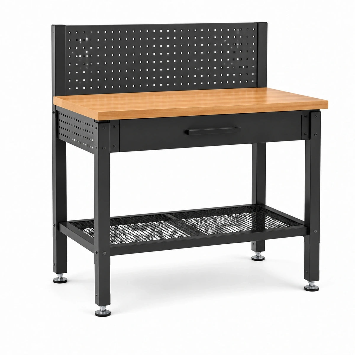 Werkbank mit Lochwand, Schublade und Gitterablage, Stahl und Holzwerkstoff, 120 × 60 × 150 cm, Schwarz/Natur
