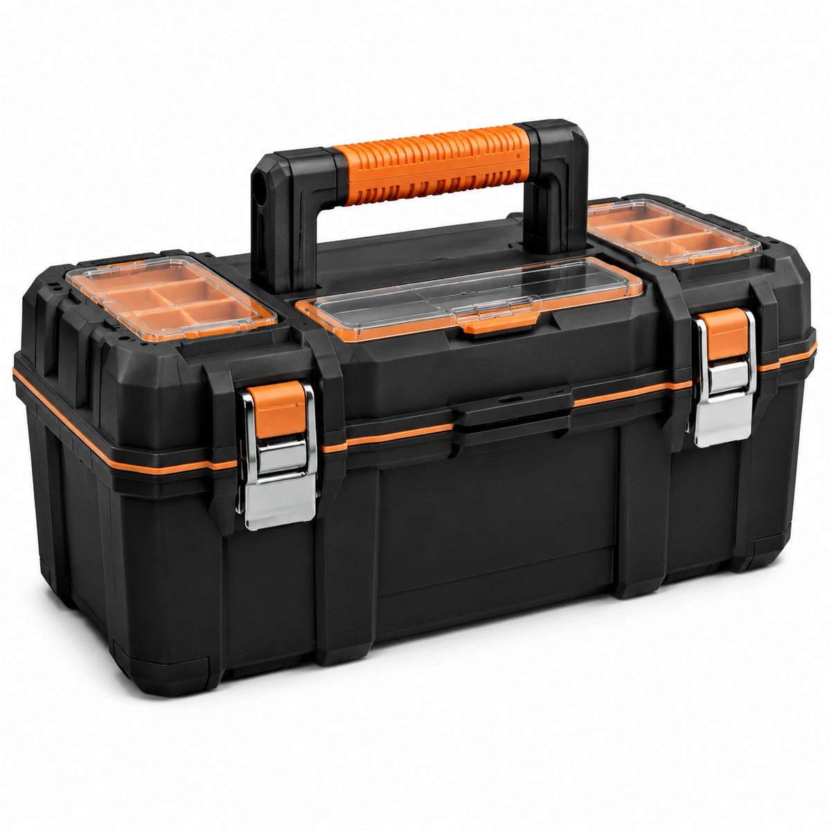 Werkzeugkoffer aus Kunststoff mit Kleinteilefächern, 52 × 26 × 25 cm, Schwarz/Orange/Transparent