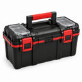 Tragbarer Werkzeugkoffer aus Kunststoff, 56 × 31 × 30 cm, Schwarz/Rot mit transparenten Kleinteilefächern