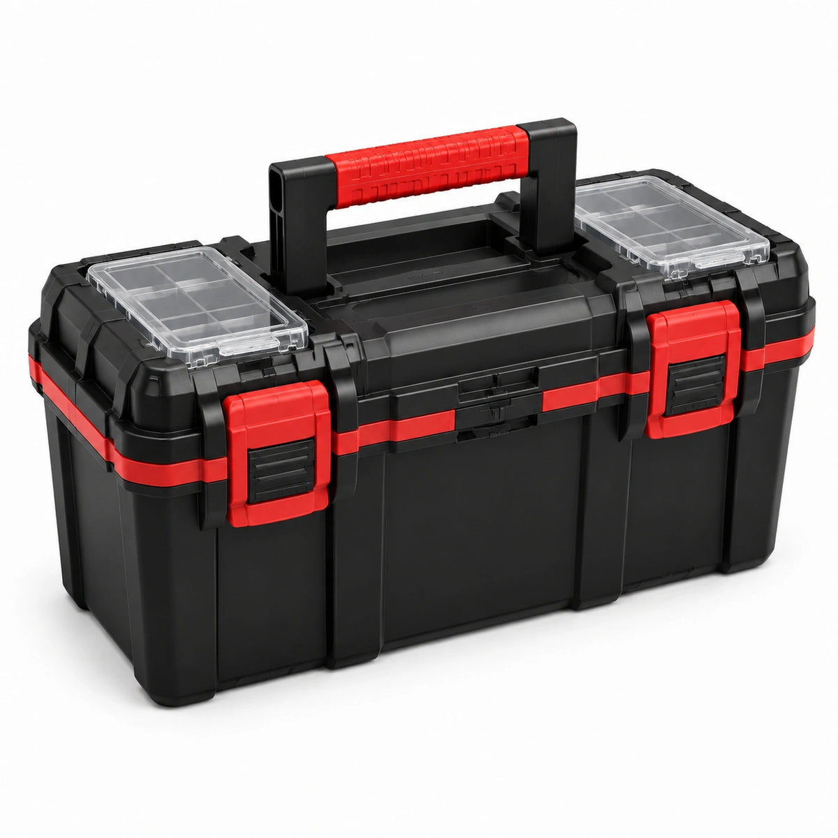 Tragbarer Werkzeugkoffer aus Kunststoff, 56 × 31 × 30 cm, Schwarz/Rot mit transparenten Kleinteilefächern